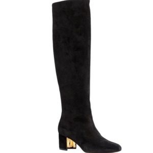 AUTH NIB Salvatore Ferragamo $1,490 Black Suede Gold Heel Vetto Boot US8C